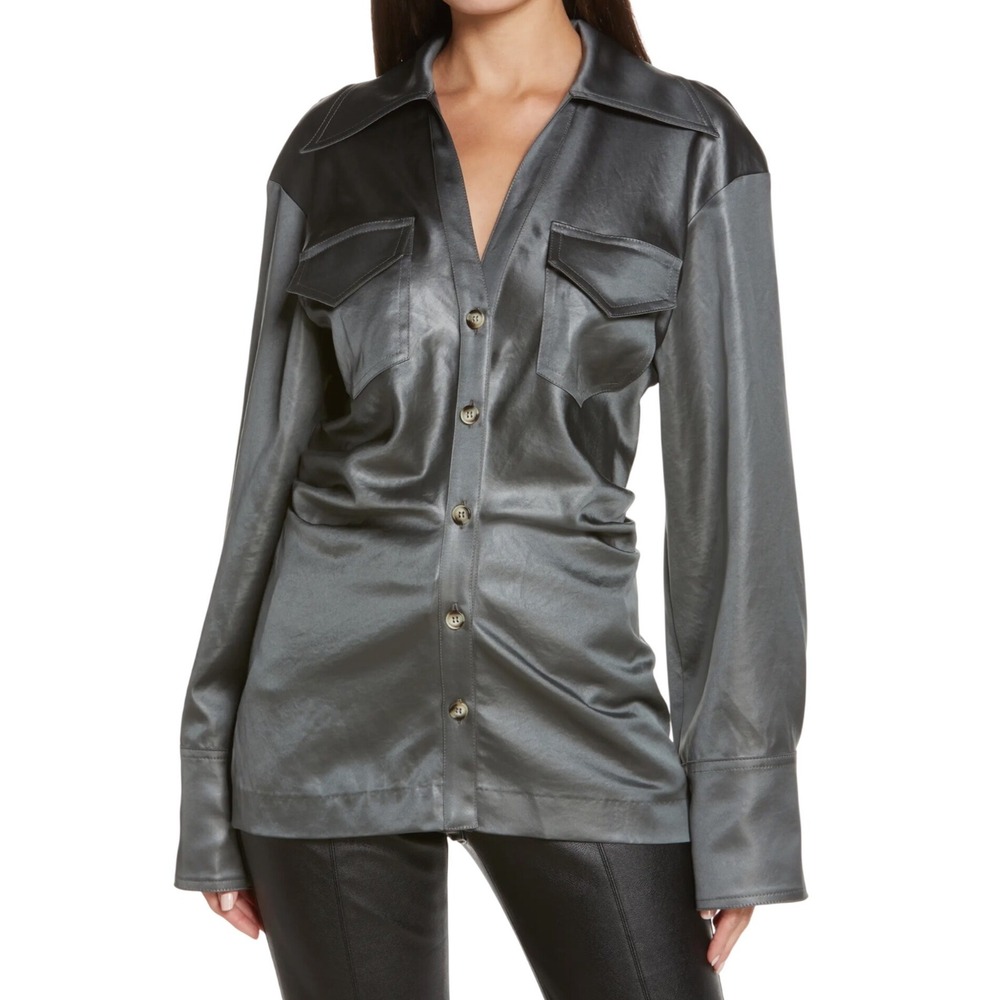 Nanushka Grey Satin Western Button Down Shirt NW21FWSH00193 Charcoal XS